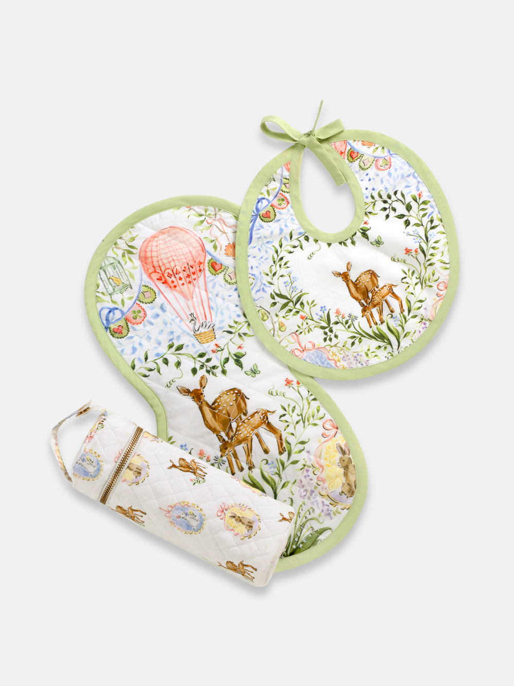'Enchanted Deer' new born gift set, featuring baby Burp cloth, bib and a bottle cover to make feeding time even more enchanting!