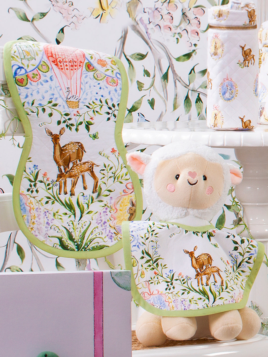 'Enchanted Deer' new born gift set, featuring baby Burp cloth, bib and a bottle cover to make feeding time even more enchanting!