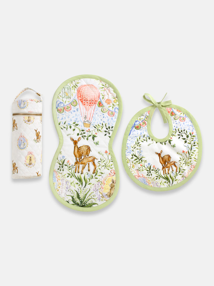 Front view - 'Enchanted Deer' new born gift set, featuring baby Burp cloth, bib and a bottle cover to make feeding time even more enchanting!
