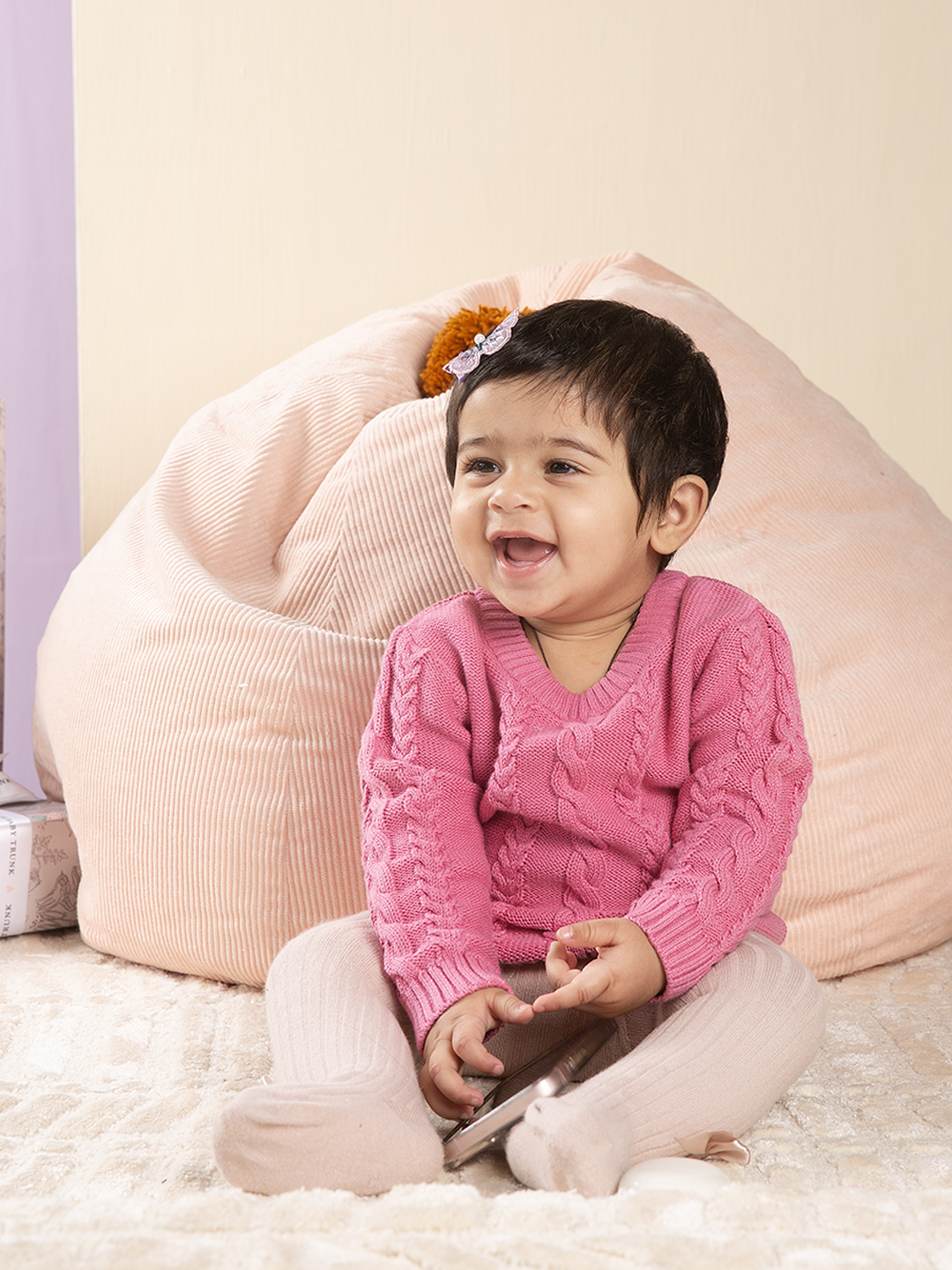 Pink Round Neck Cabel Sweater for your baby girl for the cozy winters