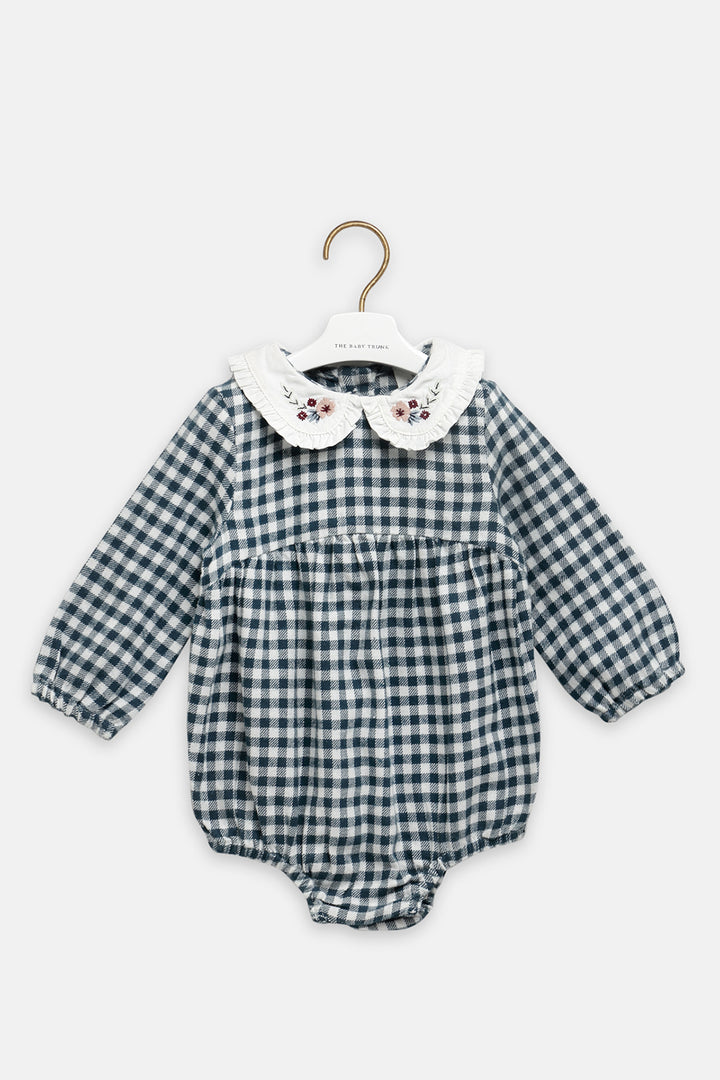 Green Check Embroidered Romper For Babies
