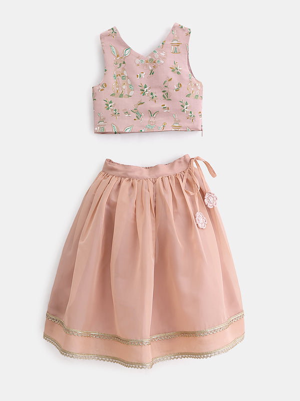Girl's Festive Ensemble Lehenga Set in Peach - Blush Bunny