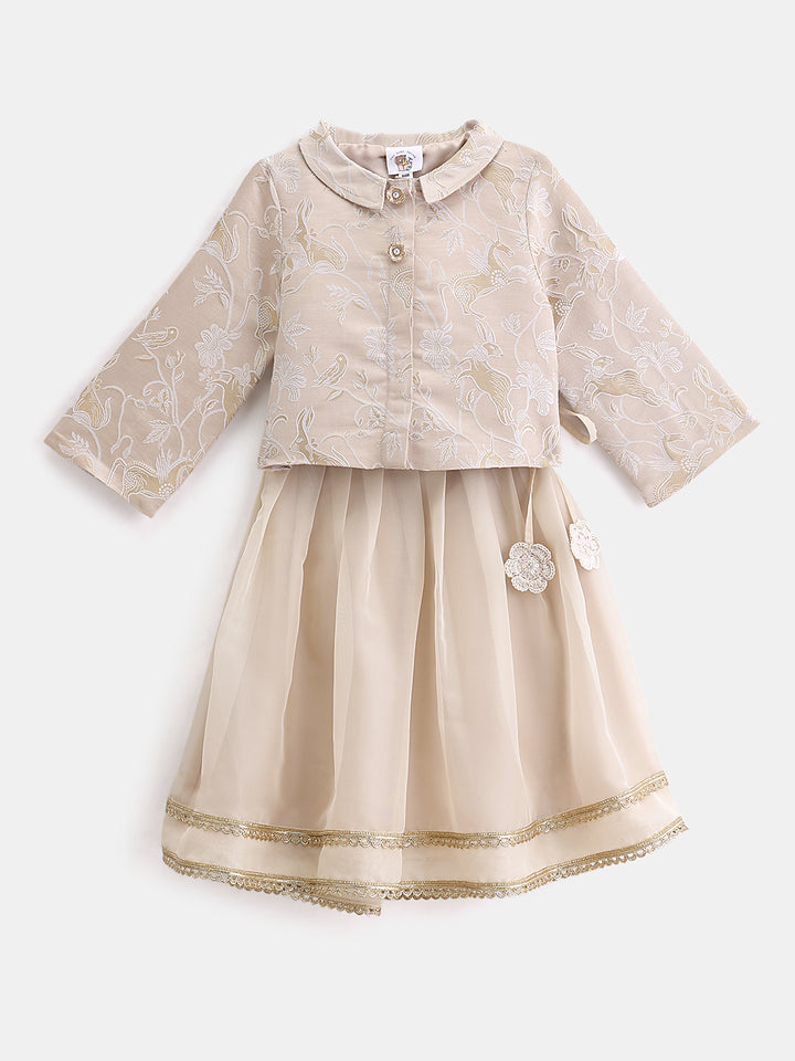 Girl's Lehenga Set in Powder Ivory - Whimsical Jungle