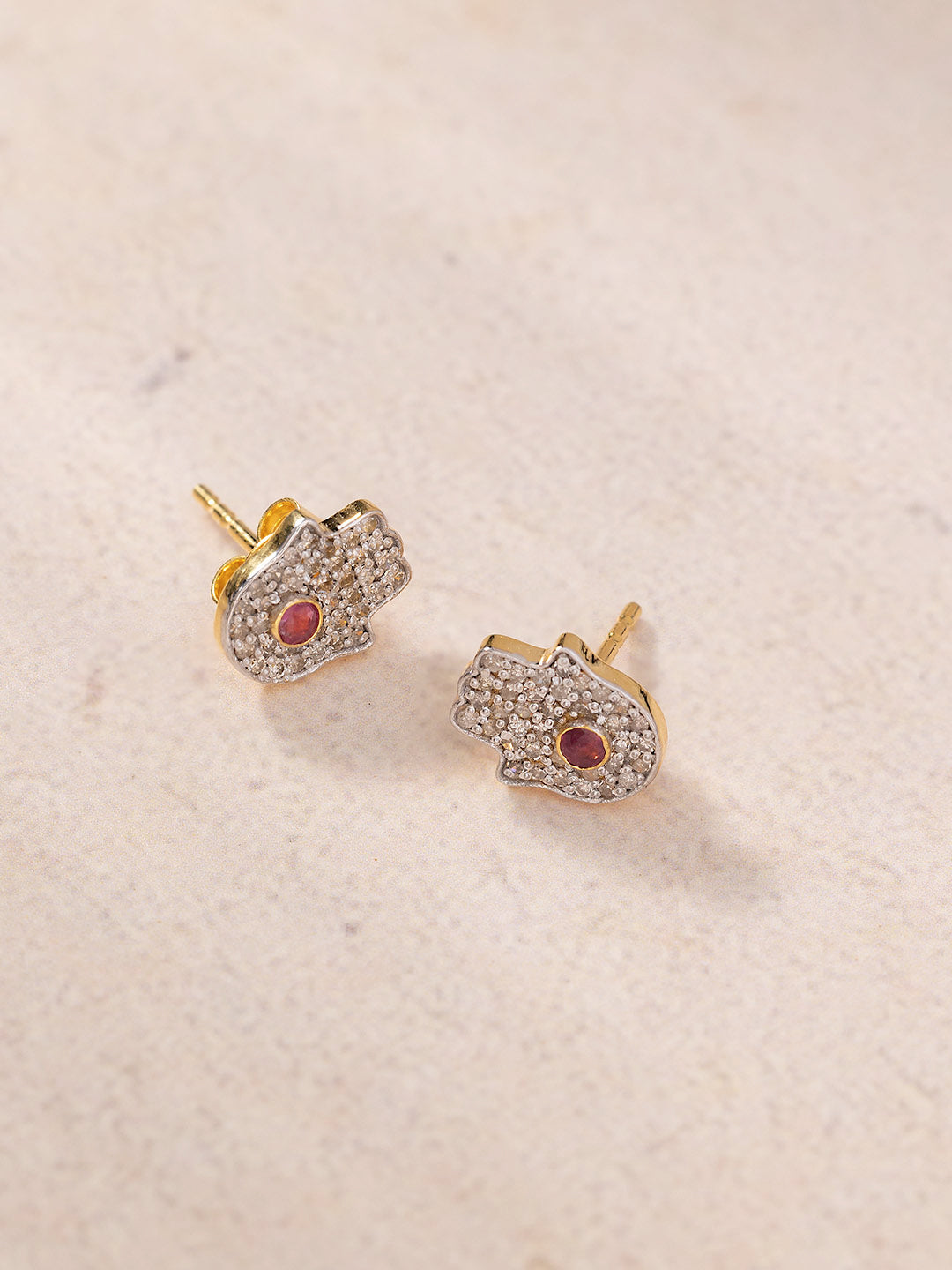 Diamond & Ruby Hamsa Stud Earrings in 9KT Gold