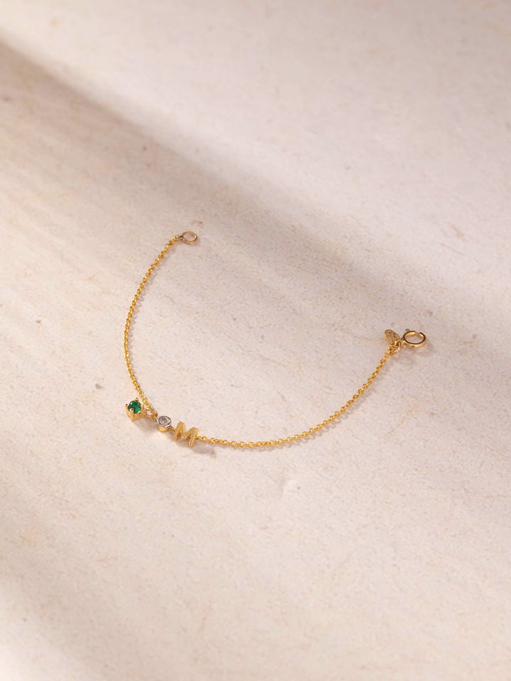 14KT Gold Initial M Baby Bracelet with Green Ruby & Diamond