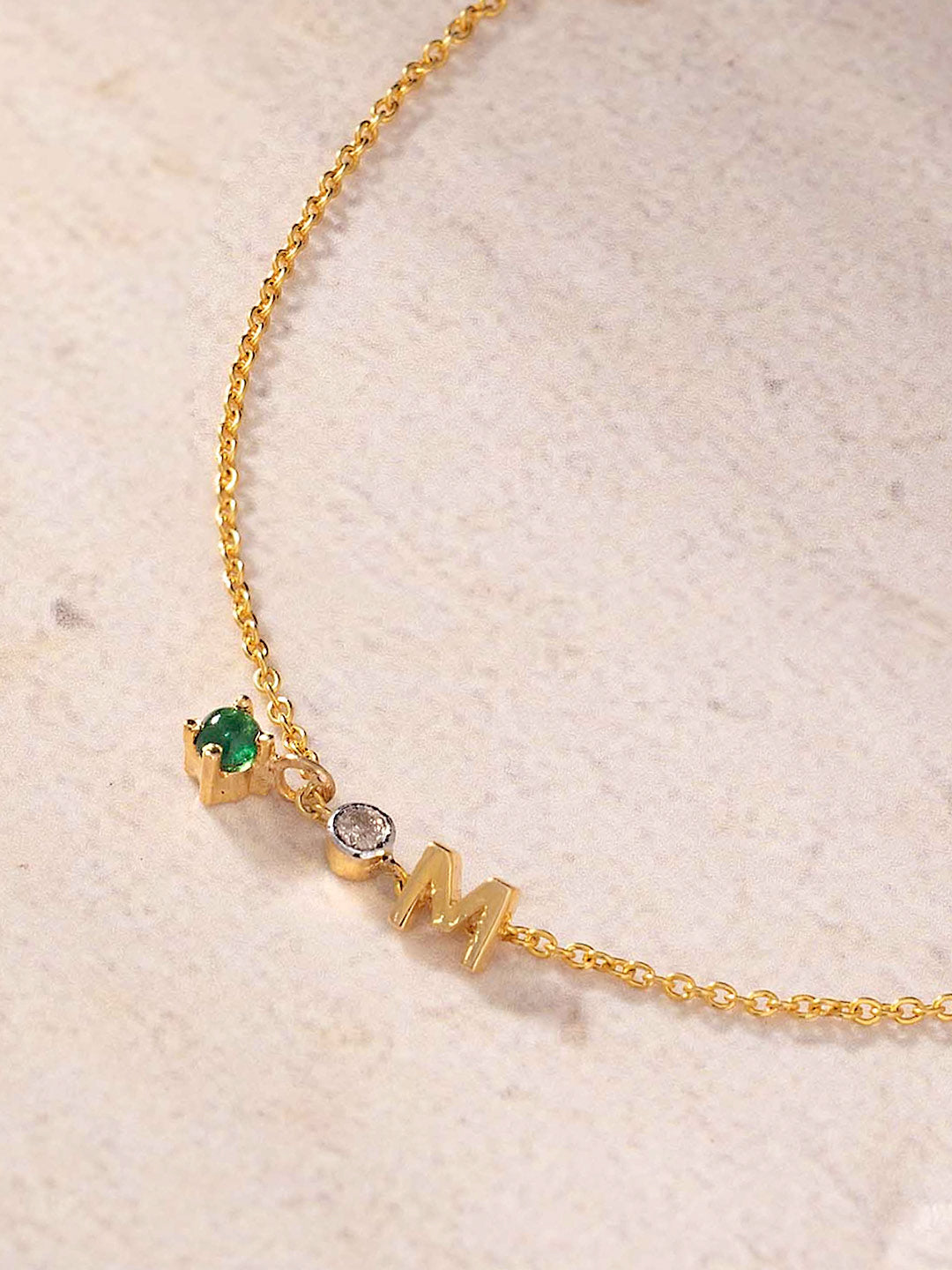 14KT Gold Initial M Baby Bracelet with Green Ruby & Diamond