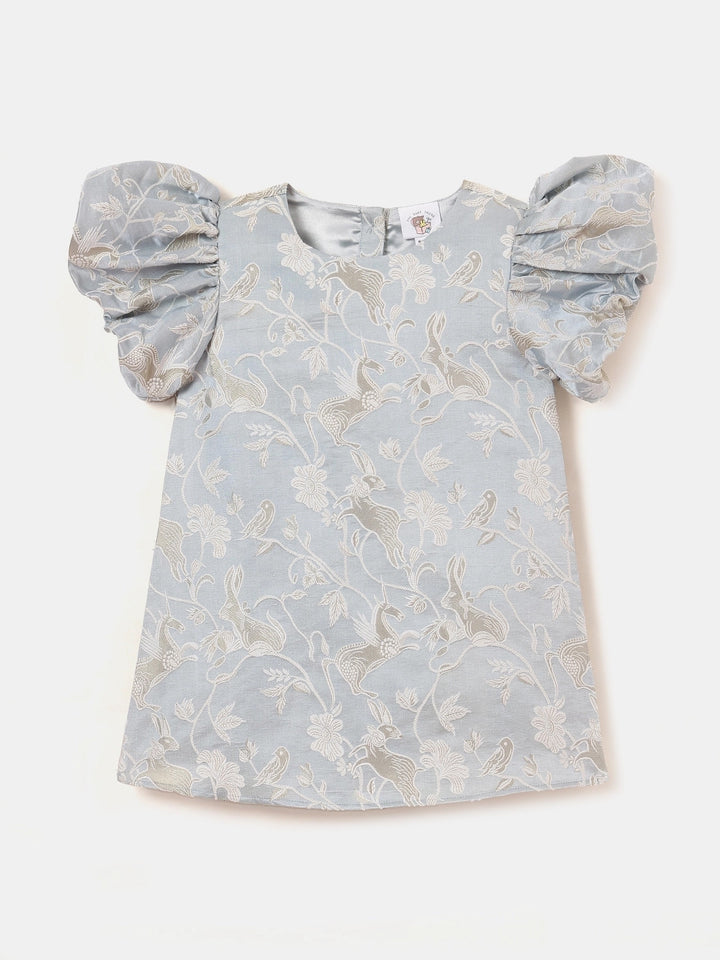 A-Line Brocade Dress in Powder Blue - Whimsical Jungle