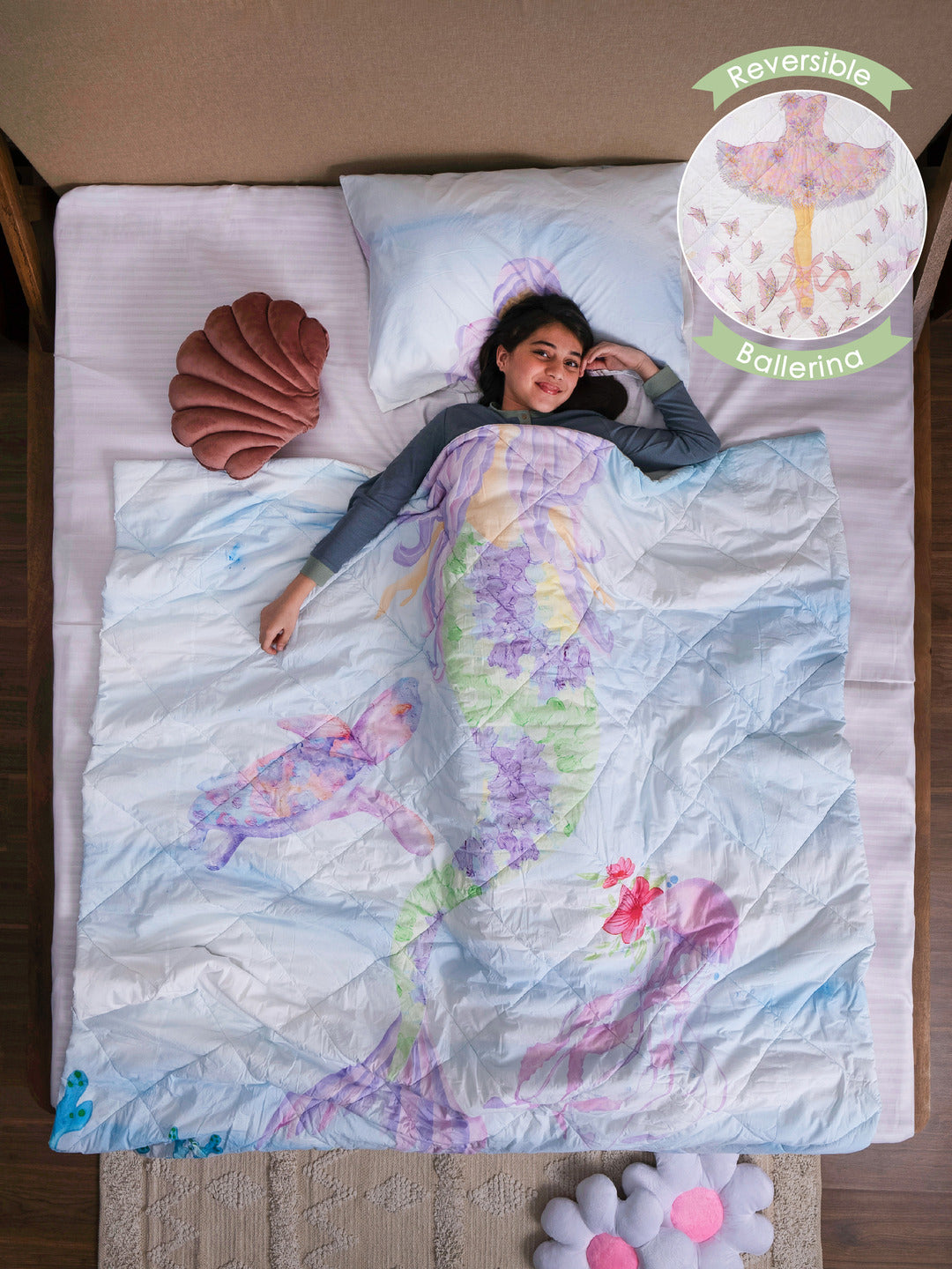 Kids Queen Size Comforter (3+ Years) – Ballerina & Mermaid Reversible Bedding