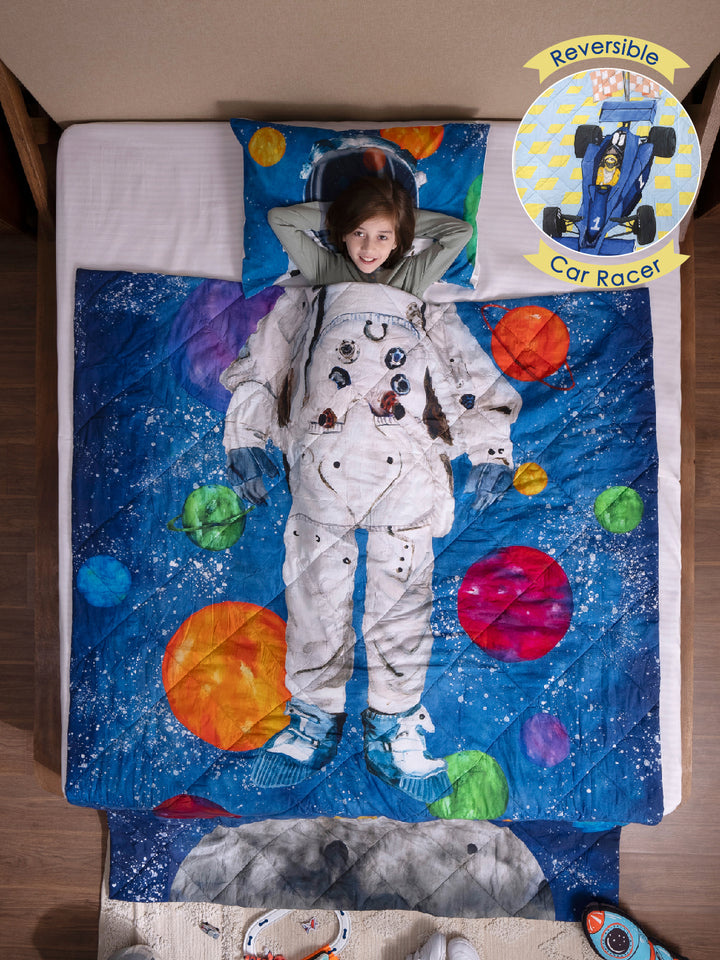 Kids Queen Size Comforter (3+ Years) – Astronaut & Race Car Reversible Bedding