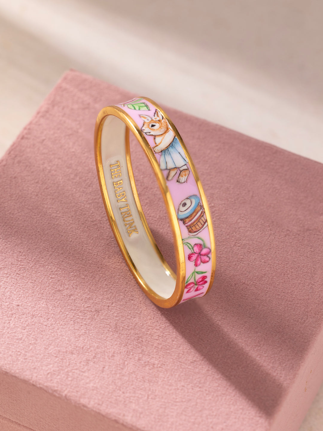 Hand-Painted Silver Baby  Bangle ( Mom & Baby Twinning)- PINK BUNNY ARTWORK