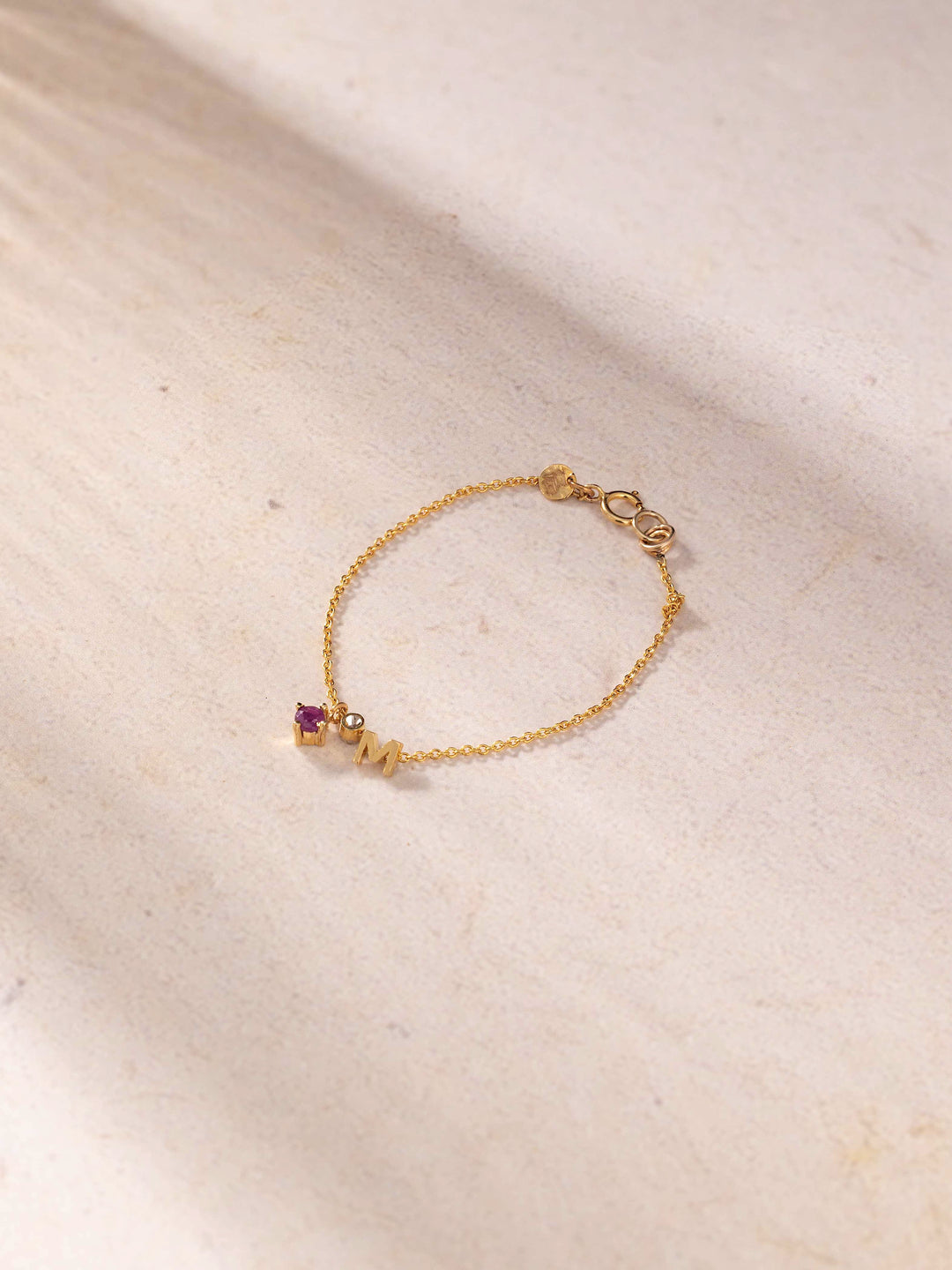 14KT Gold Initial M Baby Bracelet with Maroon Ruby & Diamond