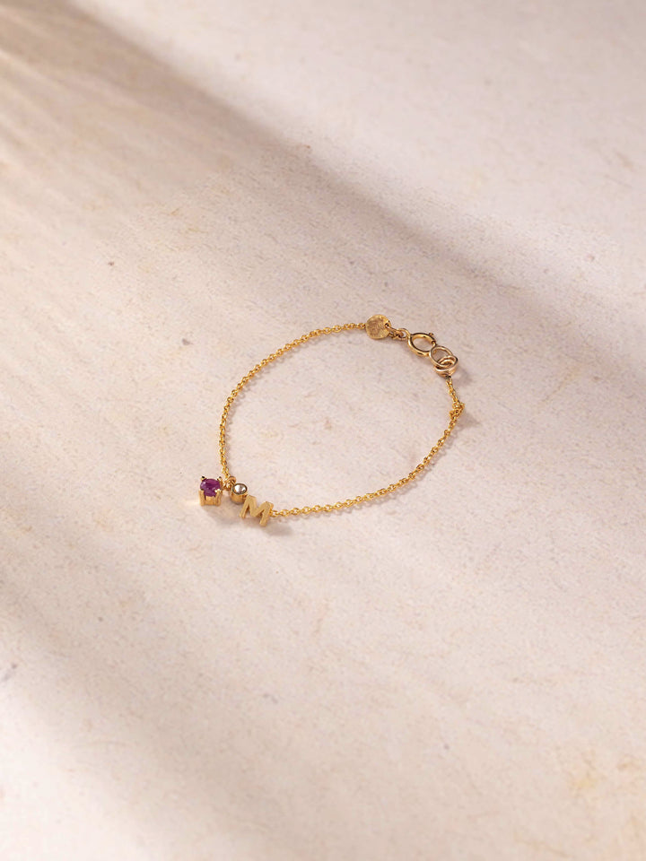 14KT Gold Initial M Baby Bracelet with Maroon Ruby & Diamond