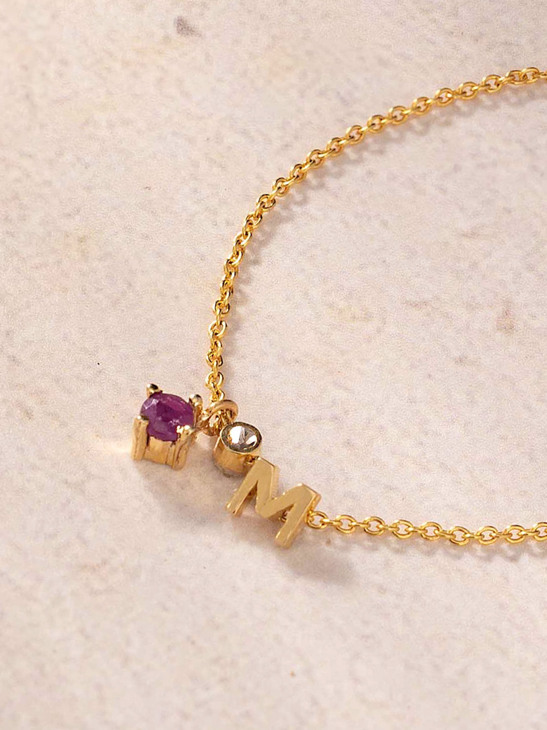 14KT Gold Initial M Baby Bracelet with Maroon Ruby & Diamond