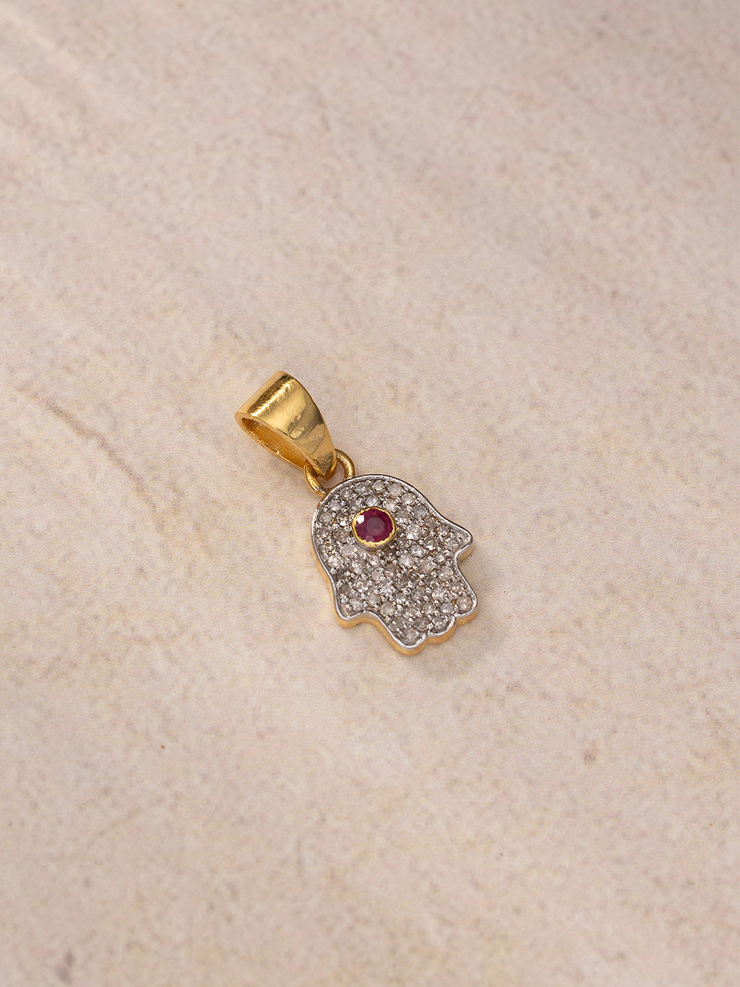 Diamond & Ruby Hamsa Pendant in 9KT Gold