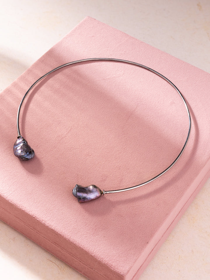Black Baroque Pearl Hasli Necklace in Sterling Silver for Women
