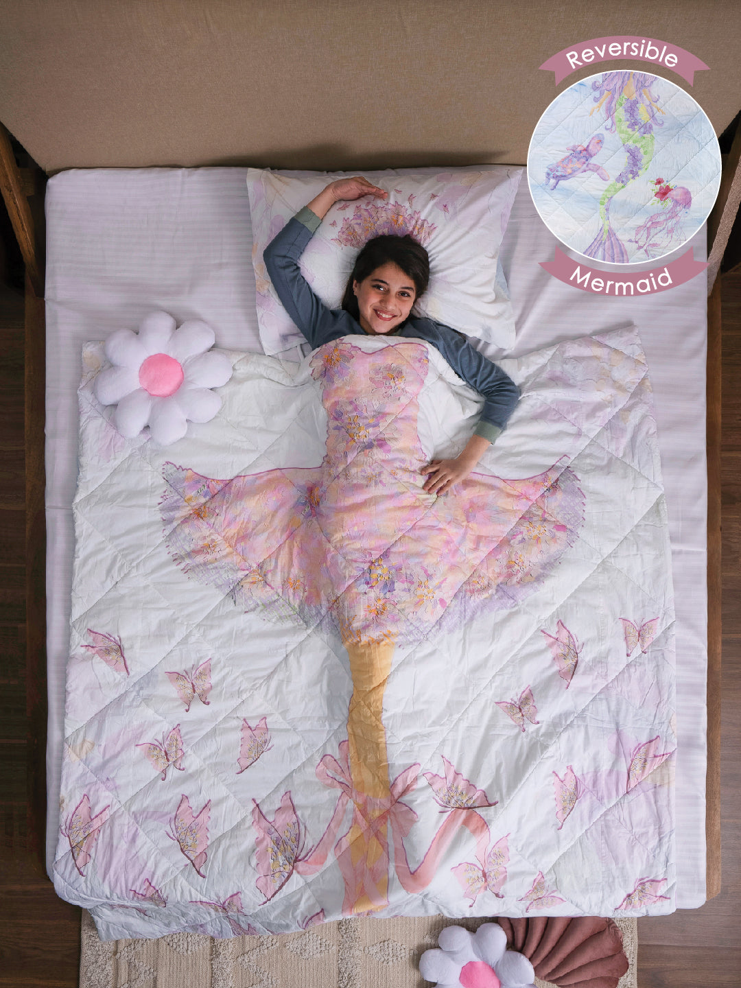Kids Queen Size Comforter (3+ Years) – Ballerina & Mermaid Reversible Bedding