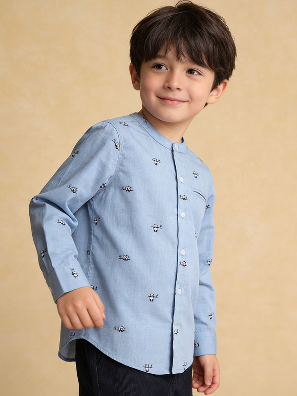 Boys Chambray Jacquard Panda Band Collar Shirt – Blue