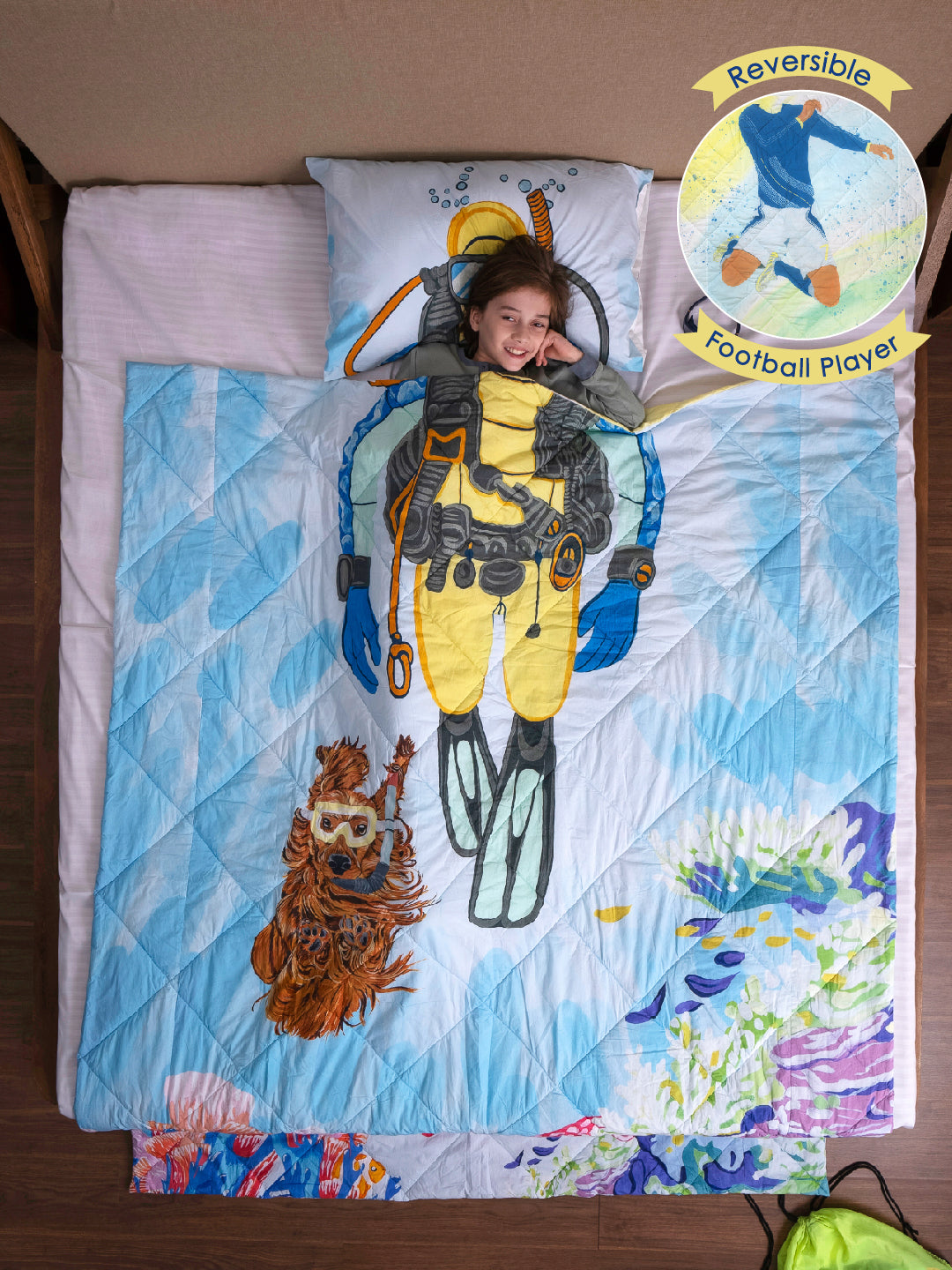Kids Queen Size Comforter (3+ Years) – Football Player & Scuba Diver Reversible Bedding
