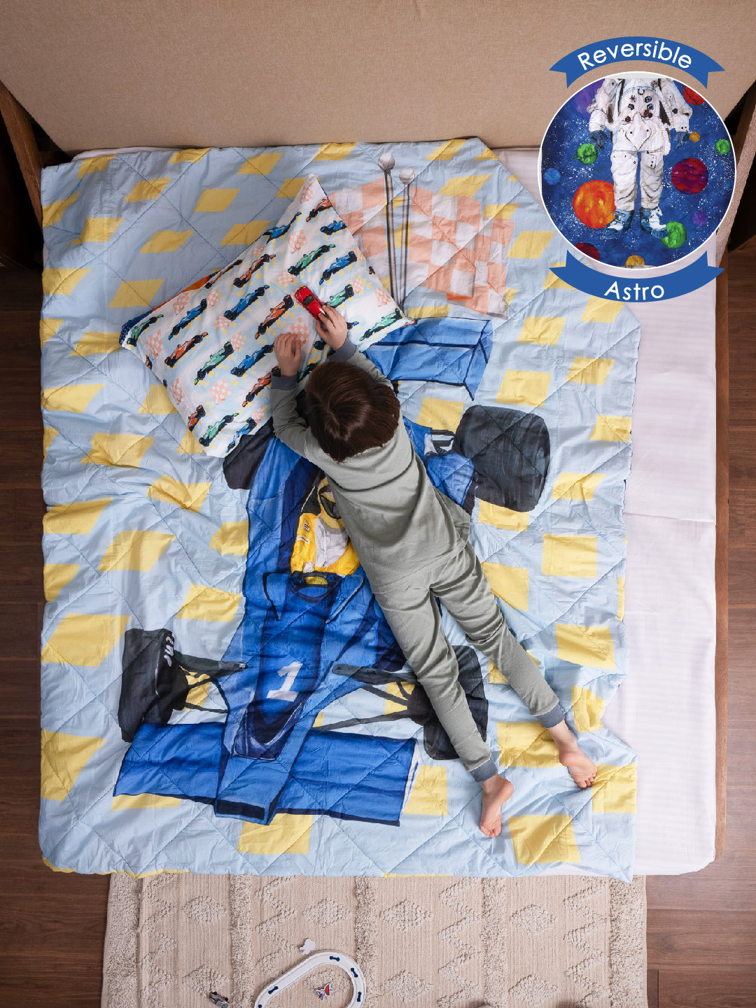 Kids Queen Size Comforter (3+ Years) – Astronaut & Race Car Reversible Bedding