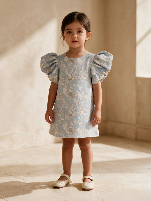 A-Line Brocade Dress in Powder Blue - Whimsical Jungle
