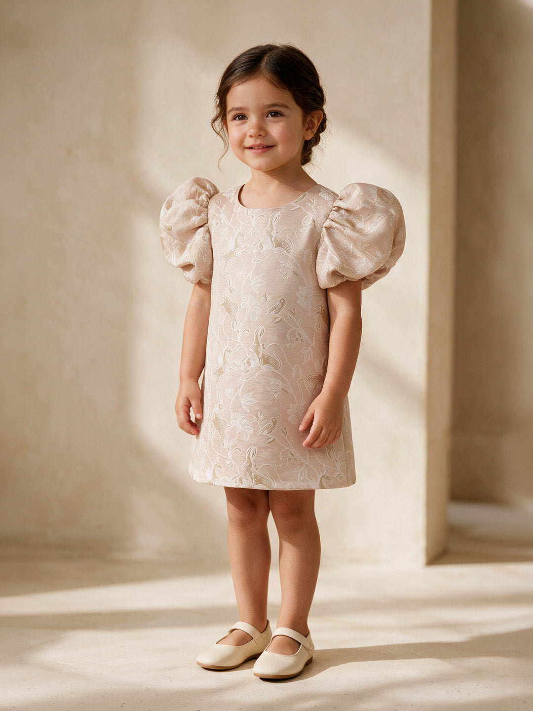 A-Line Brocade Dress in Powder Ivory - Whimsical Jungle