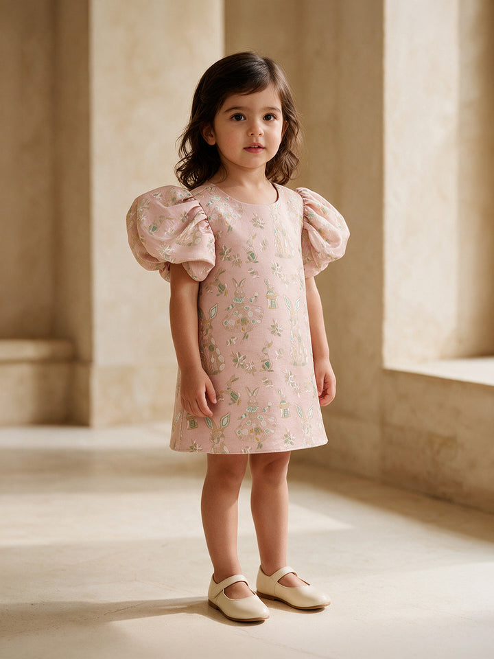 A-Line Brocade Dress in Blush Pink - Whimsical Jungle