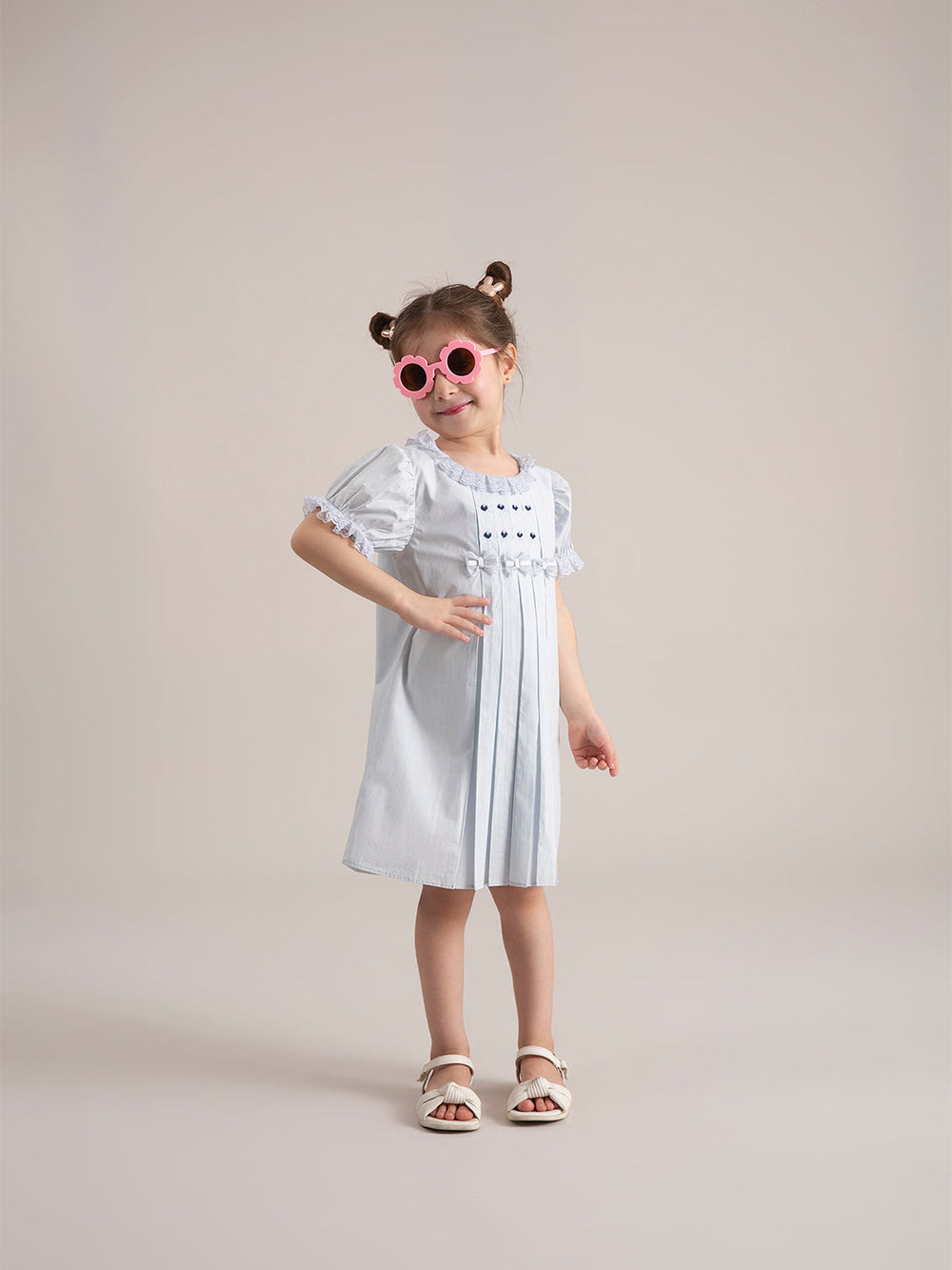Baby Girl Macaroon Blue Embroidered Organic Cotton Dress front view