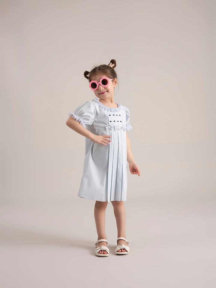 Baby Girl Macaroon Blue Embroidered Organic Cotton Dress front view