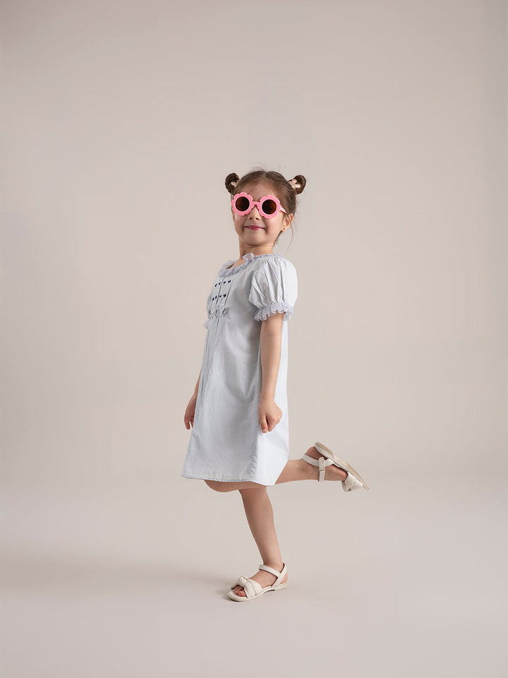 Baby Girl Macaroon Blue Embroidered Organic Cotton Dress side view