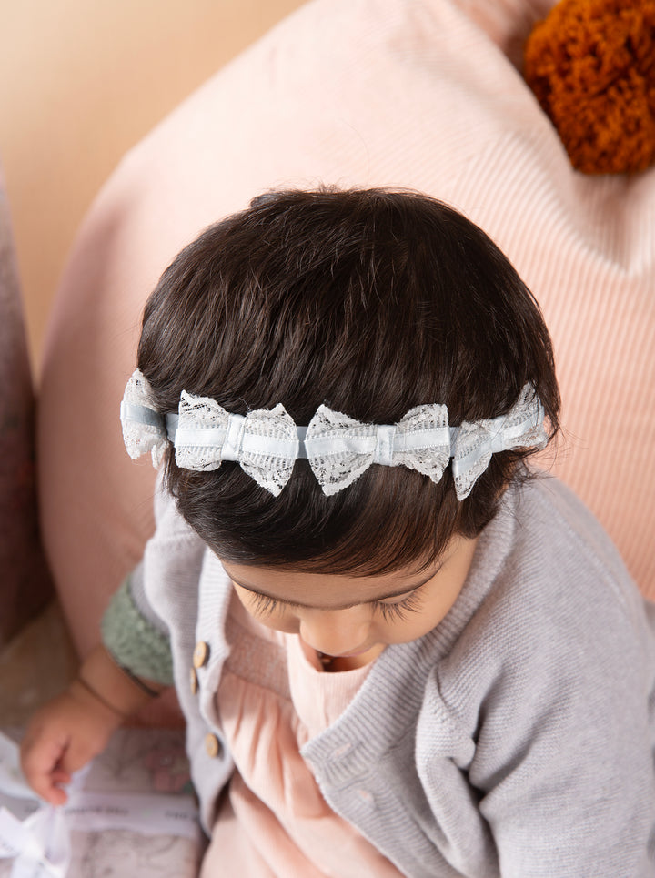 Baby Girl Macaroon Blue Embroidered Organic Cotton Dress with a bow hairband