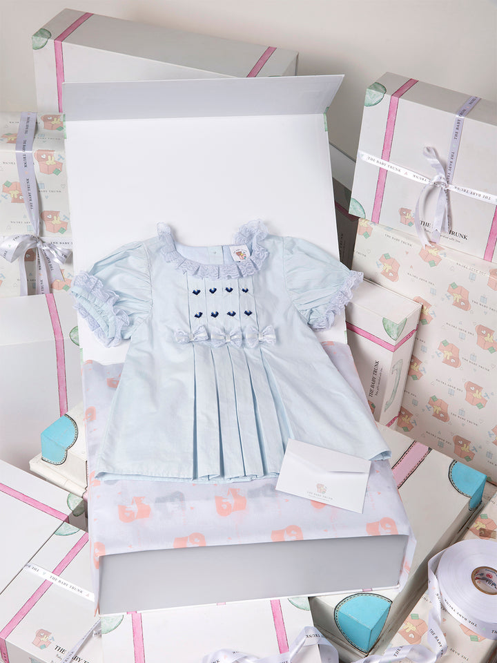 Baby Girl Macaroon Blue Embroidered Organic Cotton Dress with a box