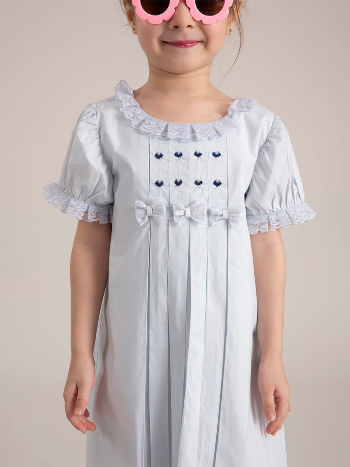 Baby Girl Macaroon Blue Embroidered Organic Cotton Dress zoom view