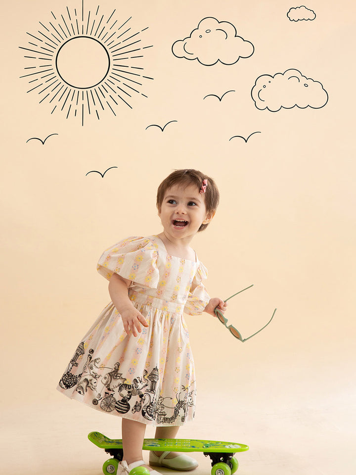 Baby Girl Organic Cotton Dress: Blush Circus with a cute smile
