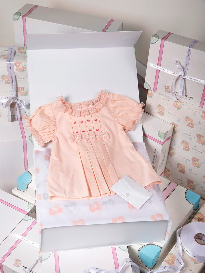 Baby Girl Organic Cotton Peach Bow Dress in a box