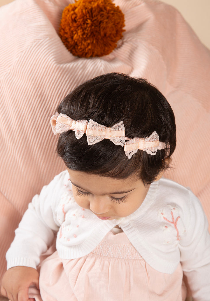 Baby Girl Organic Cotton Peach Bow Dress with a hairband shot