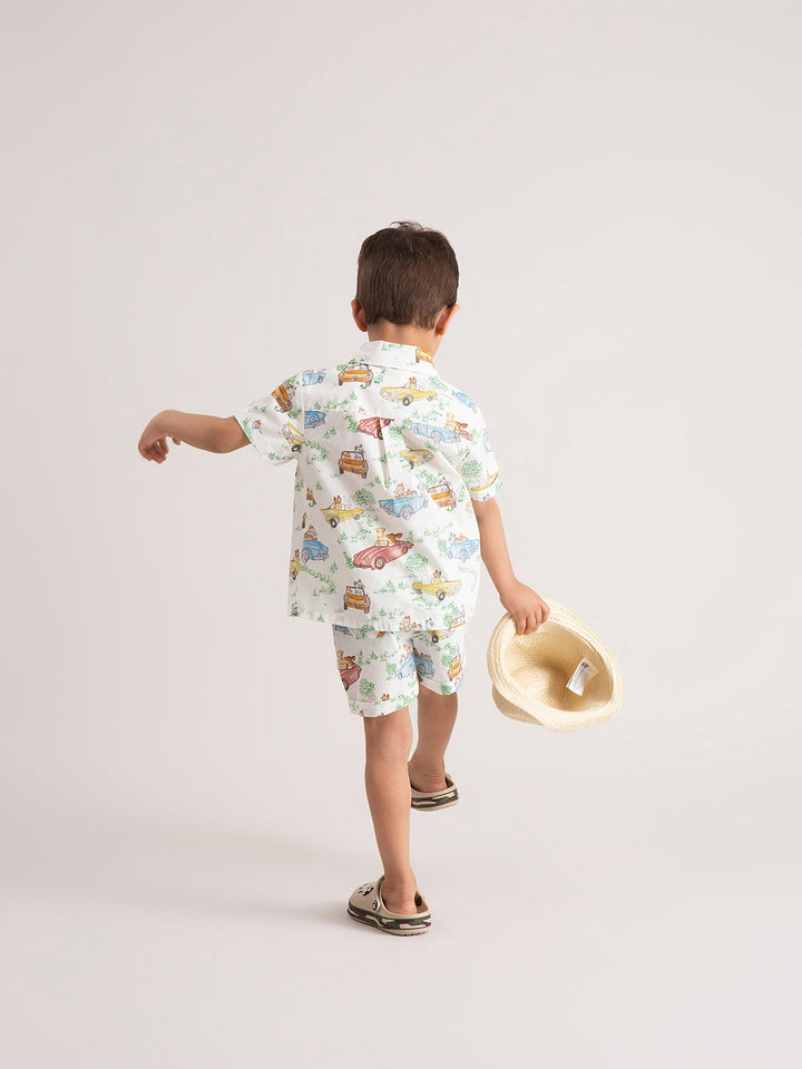 Baby & Toddler Organic Cotton Co-ord Set : Car print shirt and shorts back view