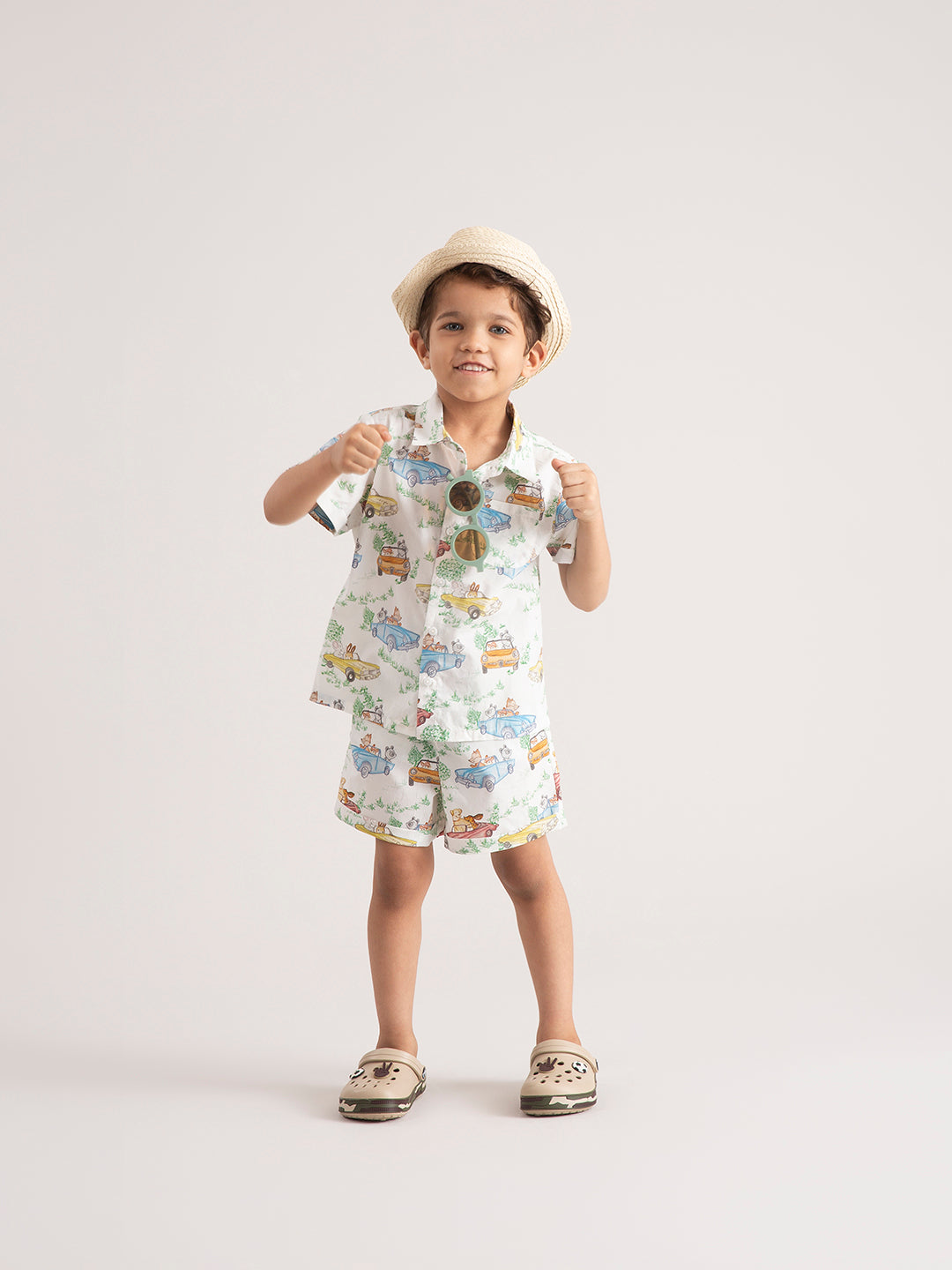 Baby & Toddler Organic Cotton Co-ord Set : Car print shirt and shorts front view