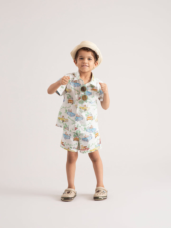 Baby & Toddler Organic Cotton Co-ord Set : Car print shirt and shorts front view