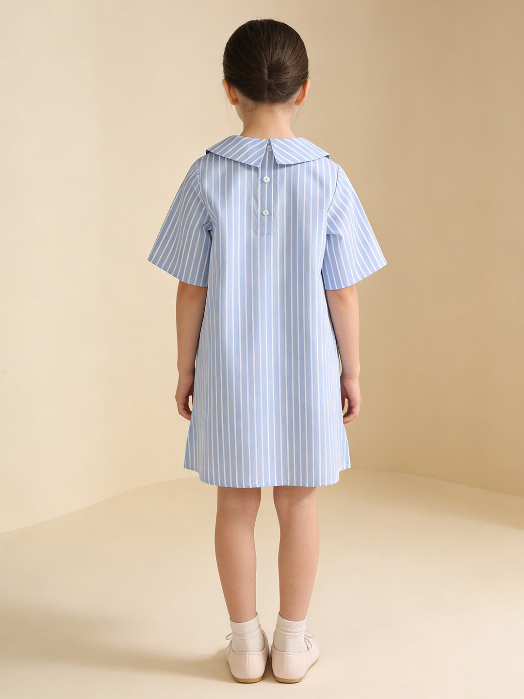 Girl's Cotton Striped Poodle Dress - Blue & White