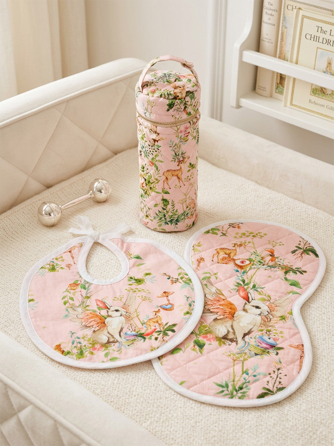 Bib, Burp Cloth & Bottle Cover (Set of 3) - Blush Bunny