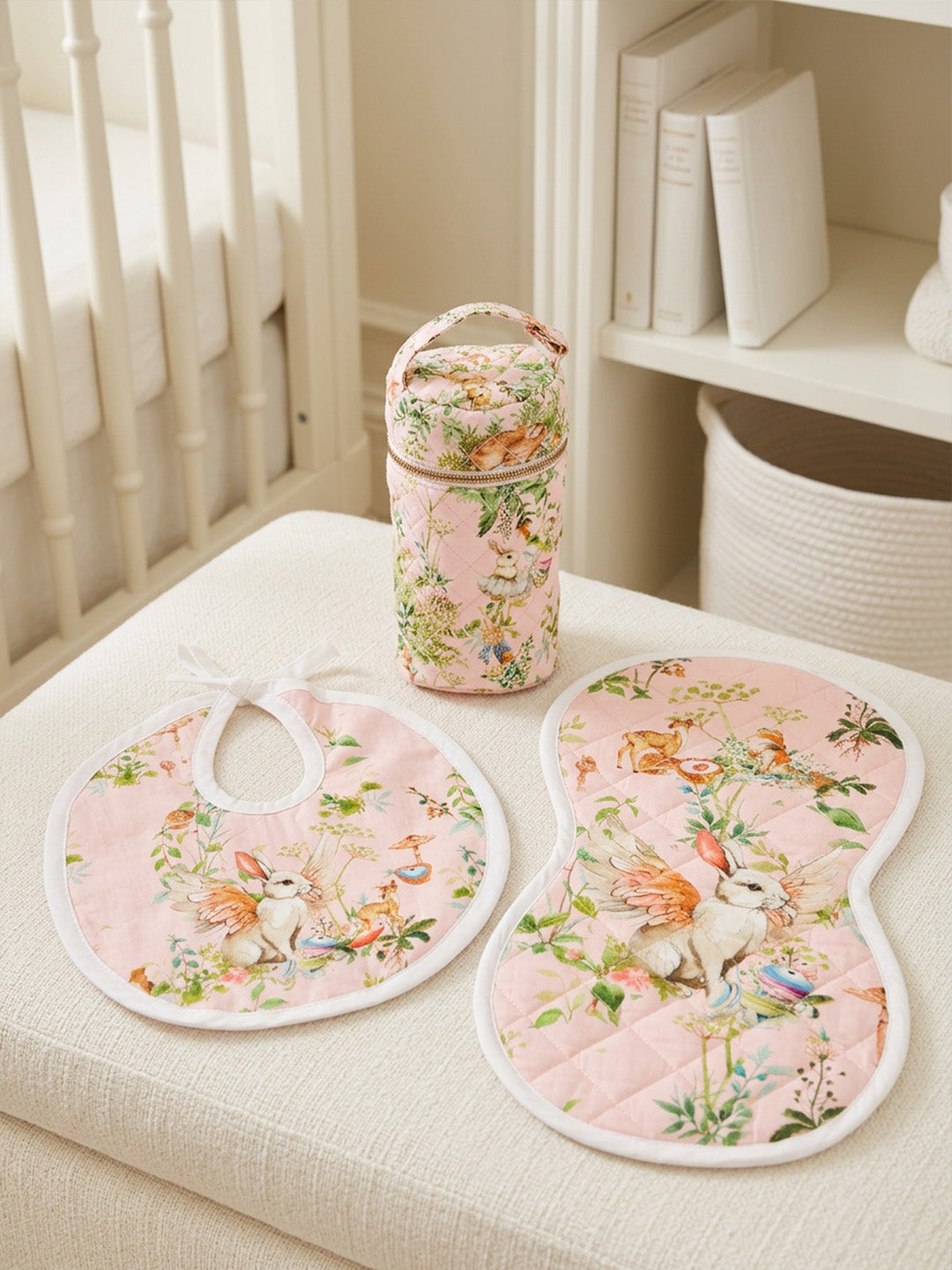 Bib, Burp Cloth & Bottle Cover (Set of 3) - Blush Bunny