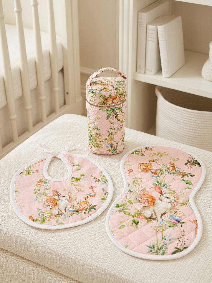 Bib, Burp Cloth & Bottle Cover (Set of 3) - Blush Bunny