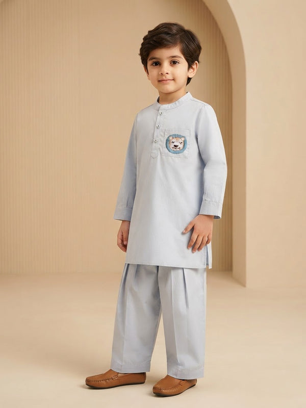 Boy's Kurta Pyjama Set in Powder Blue - Little Lion