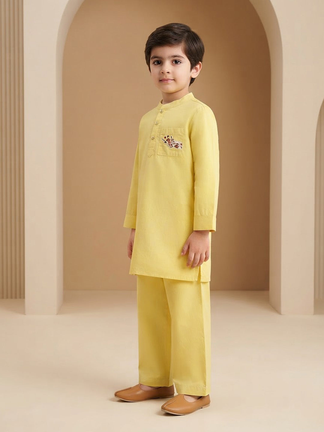 Boy's Kurta Pyjama Set in Yellow - Little Giraffe