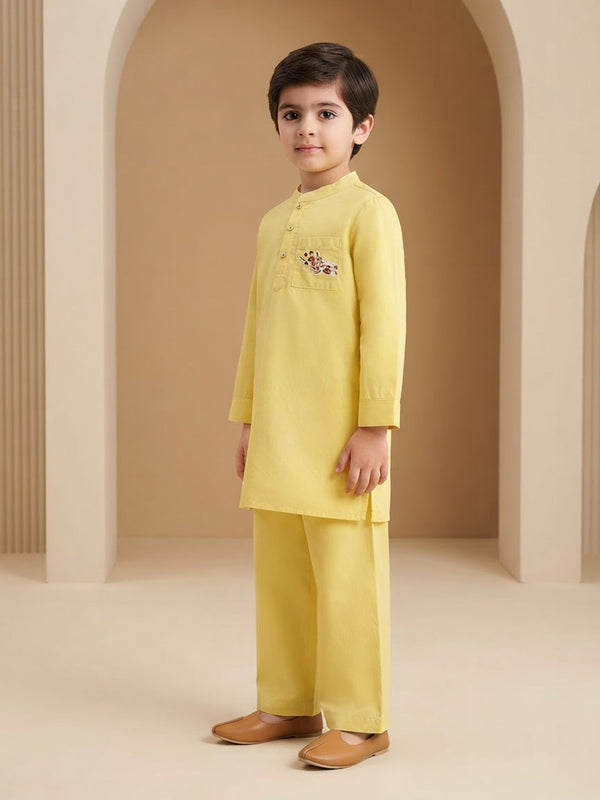 Boy's Kurta Pyjama Set in Yellow - Little Giraffe