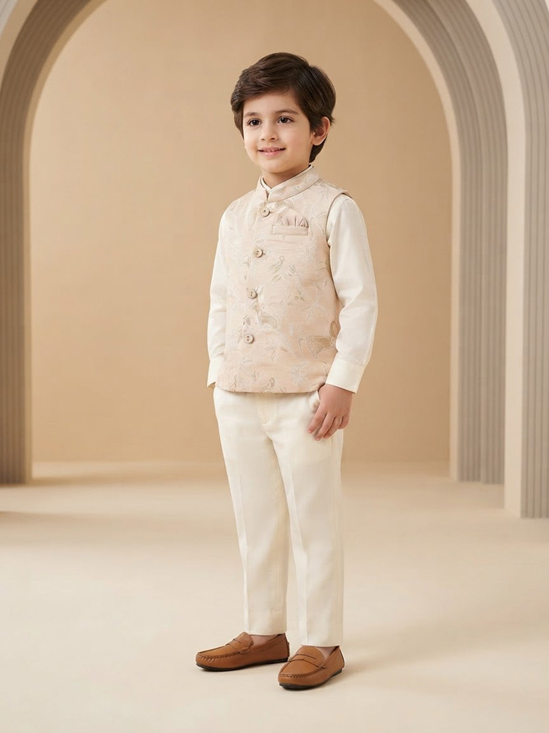 Boy's Nehru Jacket in Ivory - Whimsical Jungle