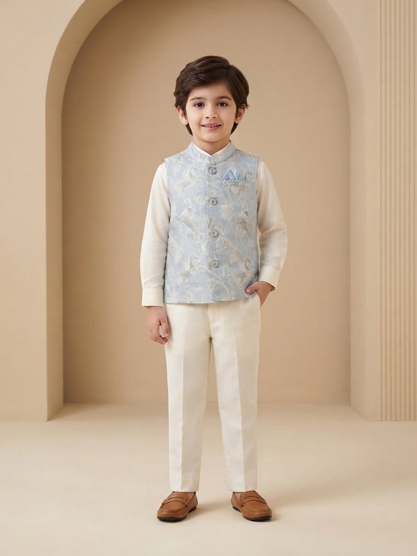 Boy's Nehru Jacket in Powder Blue - Whimsical Jungle