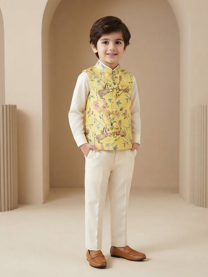 Boy's Nehru Jacket in Yellow - Whimsical Jungle