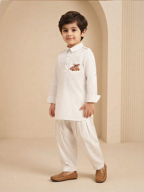 Boy's Pathani Kurta Salwar Set in White - Bambi
