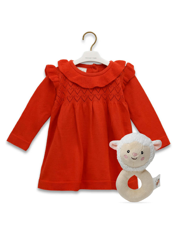 Christmas Outfit - Vintage Dress gift set with sheep rattle toy